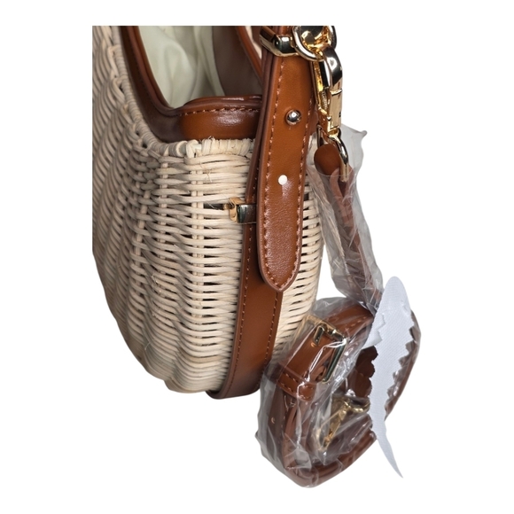 LOULU Woven Rattan Crescent Shoulder Bag NWT Boho Straw Purse Brown Trim - Picture 5 of 7